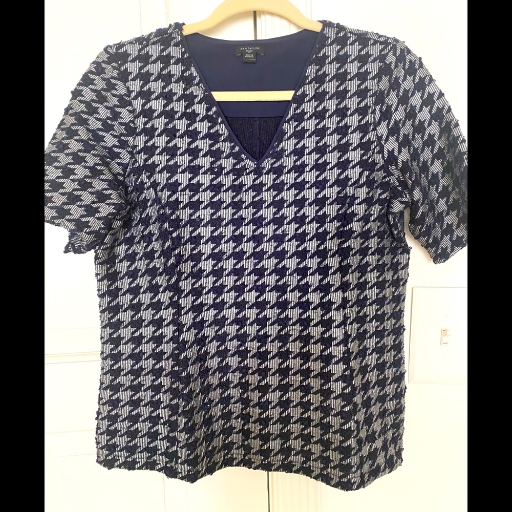 Ann Taylor Womens Navy Blue Sequins Silver Half Sleeves Evening Top